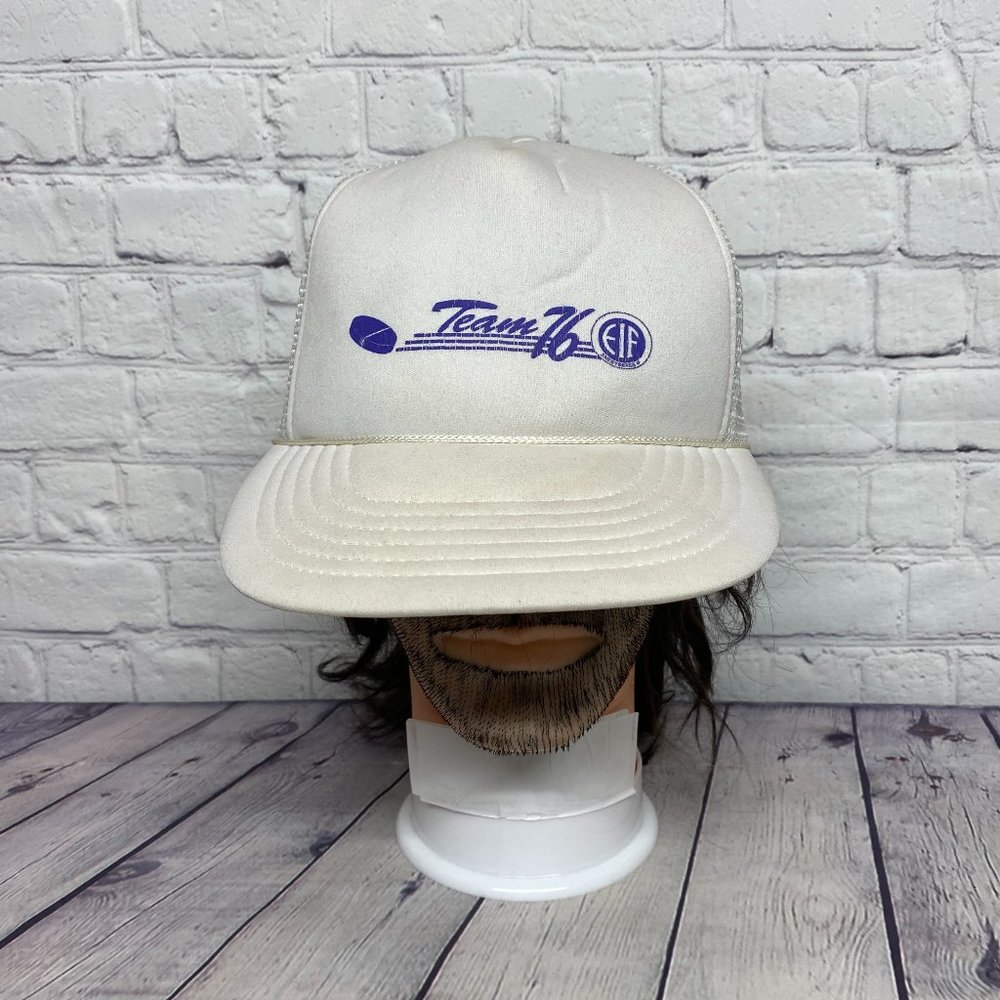 Vintage Team 76 EIF Trucker Hat Mesh Cap Snapback White Print Logo One Size